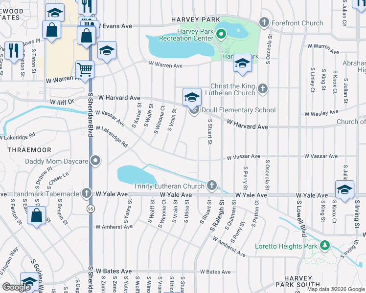 map of restaurants, bars, coffee shops, grocery stores, and more near 2567 South Uno Way in Denver