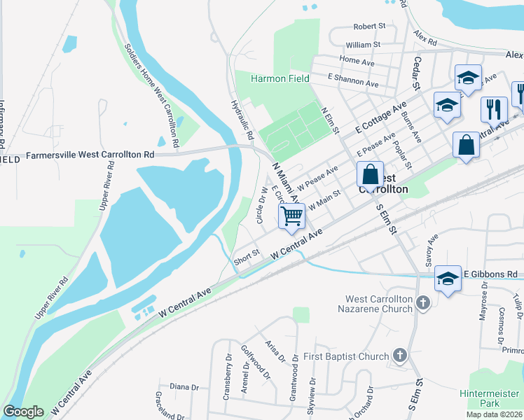 map of restaurants, bars, coffee shops, grocery stores, and more near 120 Circle Drive West in West Carrollton