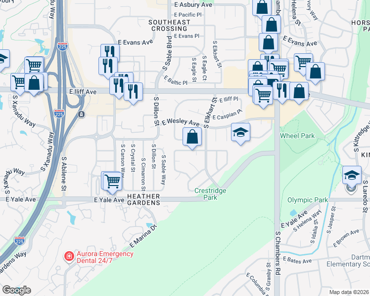 map of restaurants, bars, coffee shops, grocery stores, and more near 14613 East Harvard Avenue in Aurora