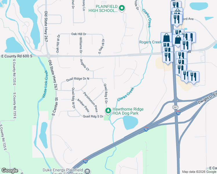 map of restaurants, bars, coffee shops, grocery stores, and more near 6309 Quail Ridge East in Plainfield