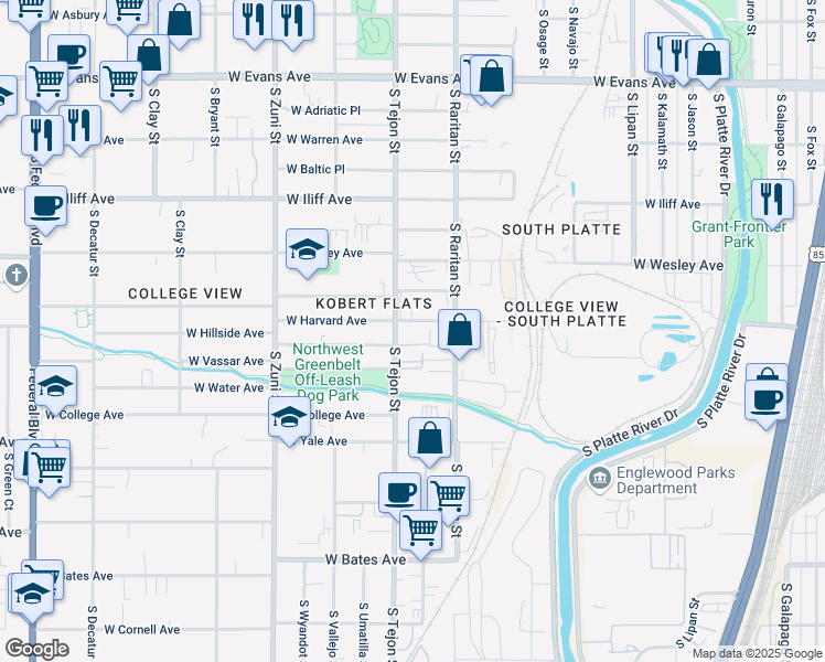map of restaurants, bars, coffee shops, grocery stores, and more near 2550 South Tejon Street in Englewood