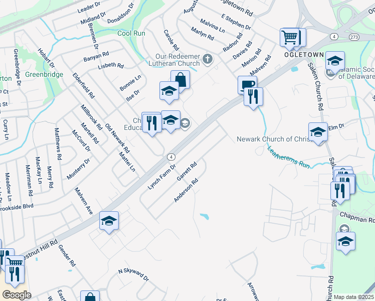 map of restaurants, bars, coffee shops, grocery stores, and more near 112 Lynch Farm Drive in Newark