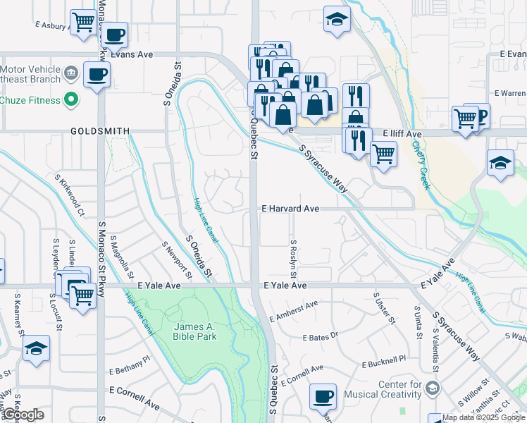 map of restaurants, bars, coffee shops, grocery stores, and more near 7300 East Harvard Avenue in Denver