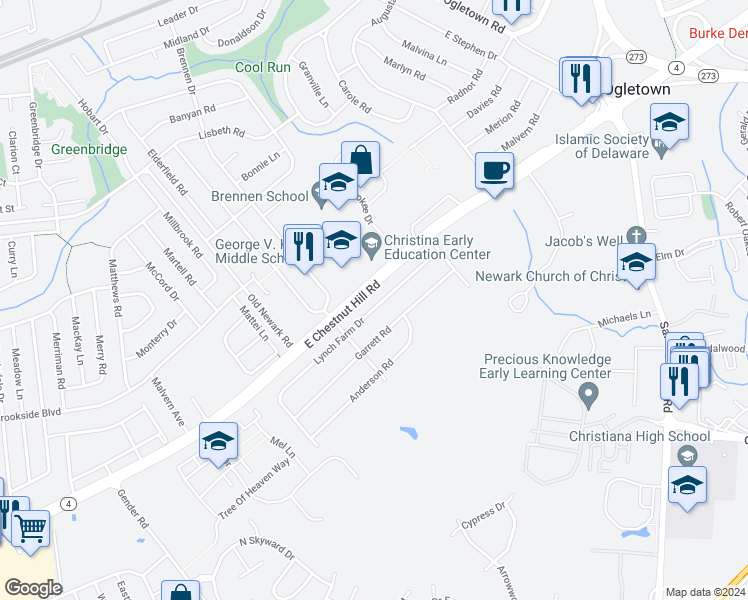 map of restaurants, bars, coffee shops, grocery stores, and more near 112 Lynch Farm Drive in Newark