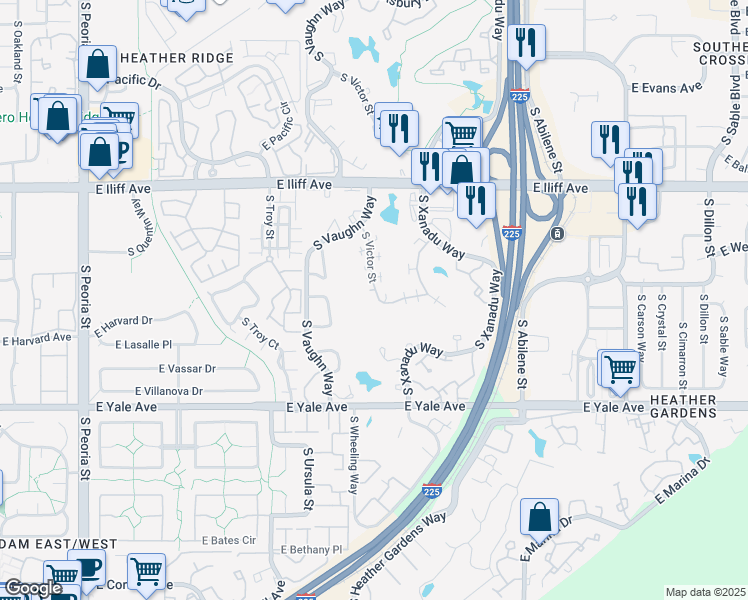 map of restaurants, bars, coffee shops, grocery stores, and more near 2487 South Victor Street in Aurora
