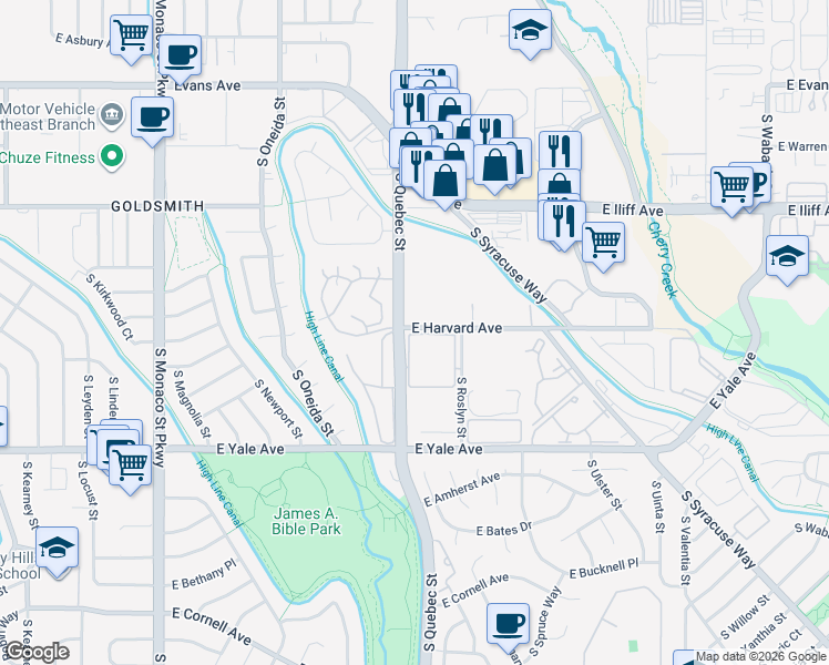 map of restaurants, bars, coffee shops, grocery stores, and more near 7300 East Harvard Avenue in Denver