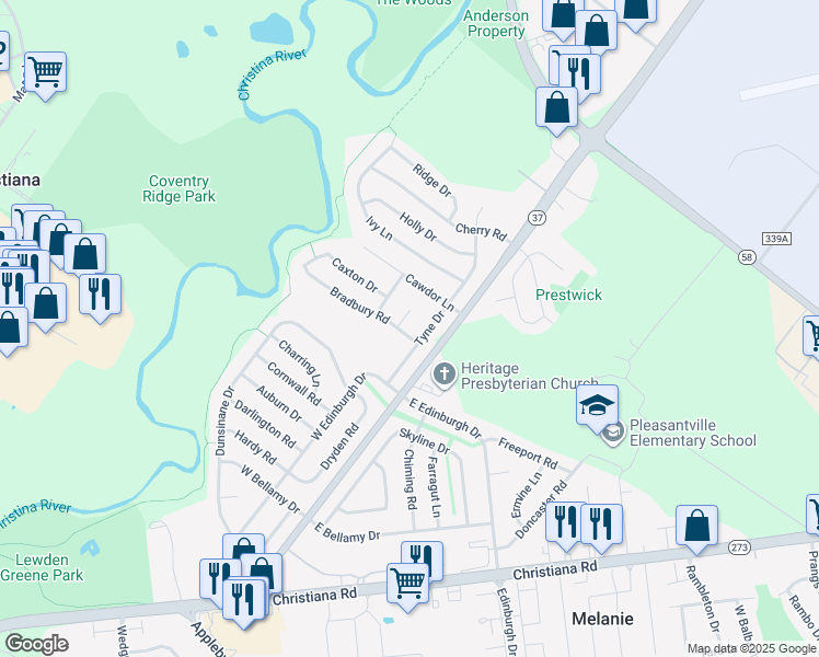 map of restaurants, bars, coffee shops, grocery stores, and more near 13 Tyne Drive in New Castle