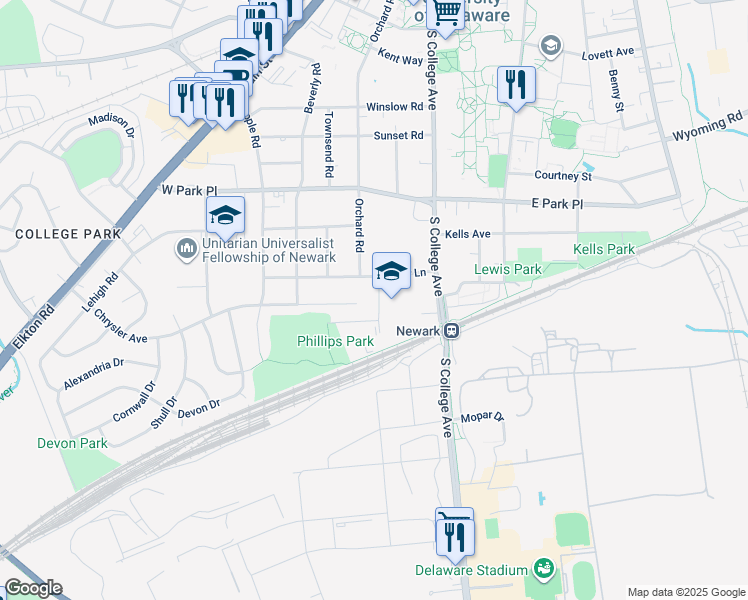 map of restaurants, bars, coffee shops, grocery stores, and more near 404 Phillips Avenue in Newark