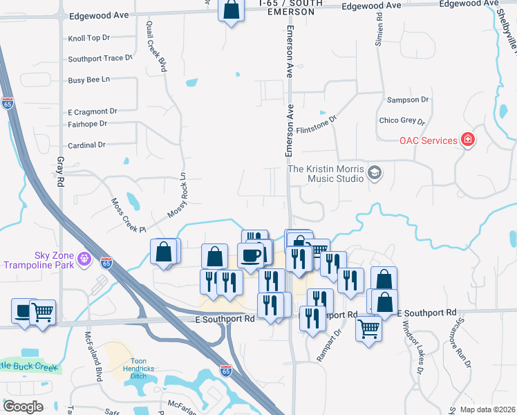 map of restaurants, bars, coffee shops, grocery stores, and more near 4933 Opal Ridge Lane in Indianapolis