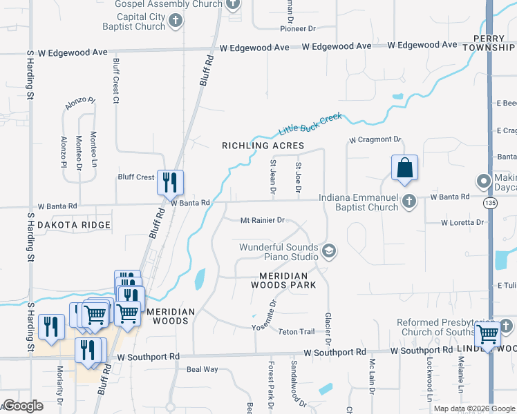 map of restaurants, bars, coffee shops, grocery stores, and more near 750 Mount Rainier Drive in Indianapolis