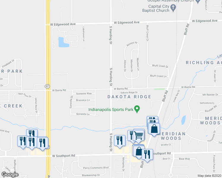 map of restaurants, bars, coffee shops, grocery stores, and more near West Banta Road in Indianapolis