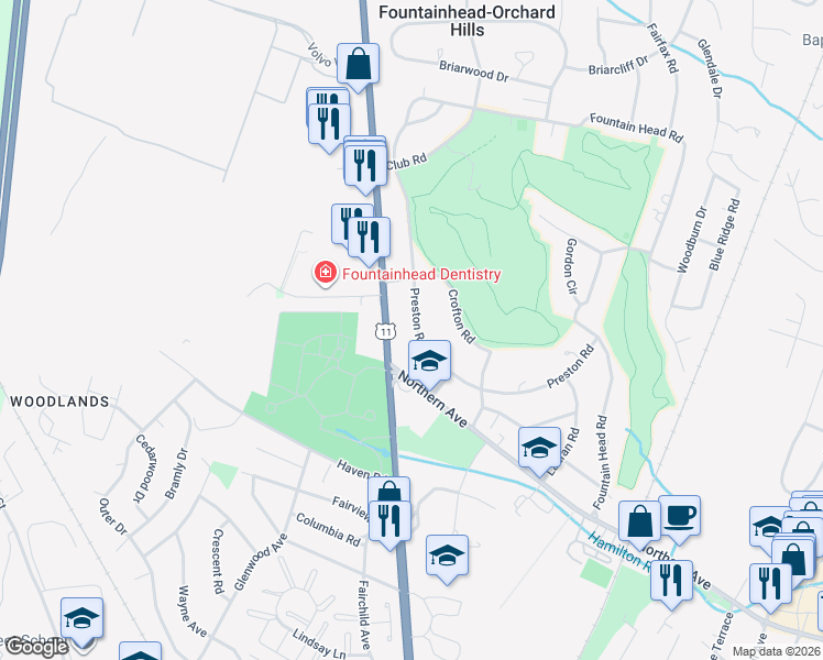 map of restaurants, bars, coffee shops, grocery stores, and more near 18821 Preston Road in Hagerstown