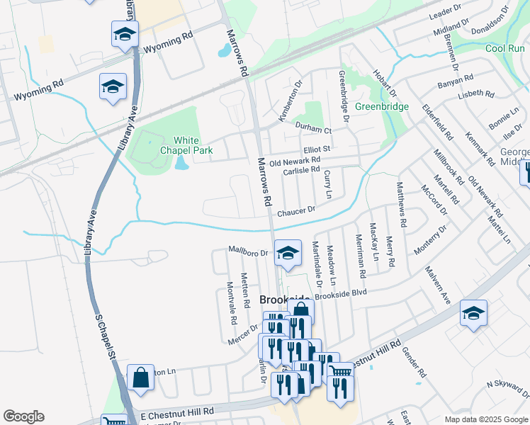 map of restaurants, bars, coffee shops, grocery stores, and more near 50 Chaucer Drive in Newark