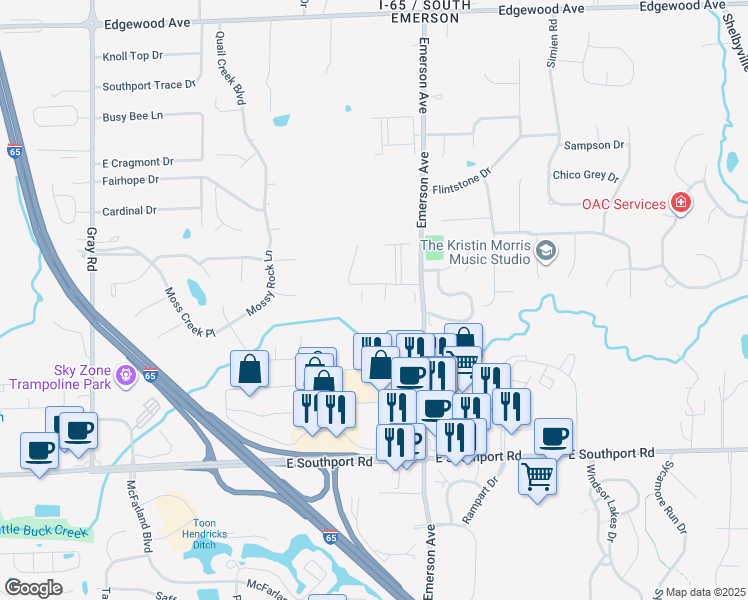 map of restaurants, bars, coffee shops, grocery stores, and more near 4933 Opal Ridge Lane in Indianapolis