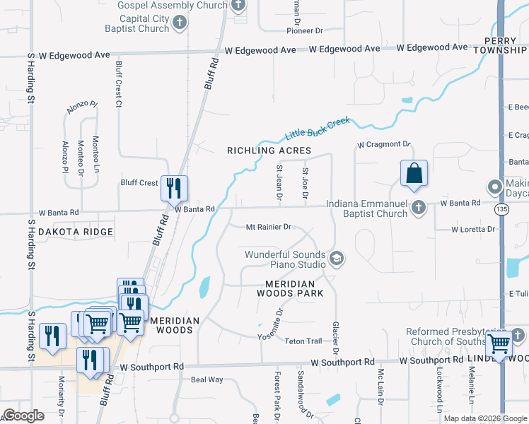 map of restaurants, bars, coffee shops, grocery stores, and more near 750 Mount Rainier Drive in Indianapolis