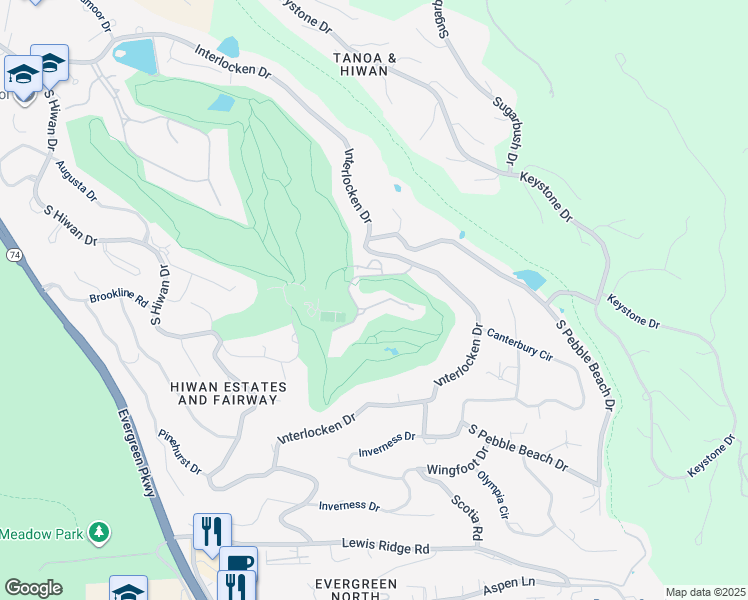 map of restaurants, bars, coffee shops, grocery stores, and more near 30543 The Golf Club Point in Evergreen