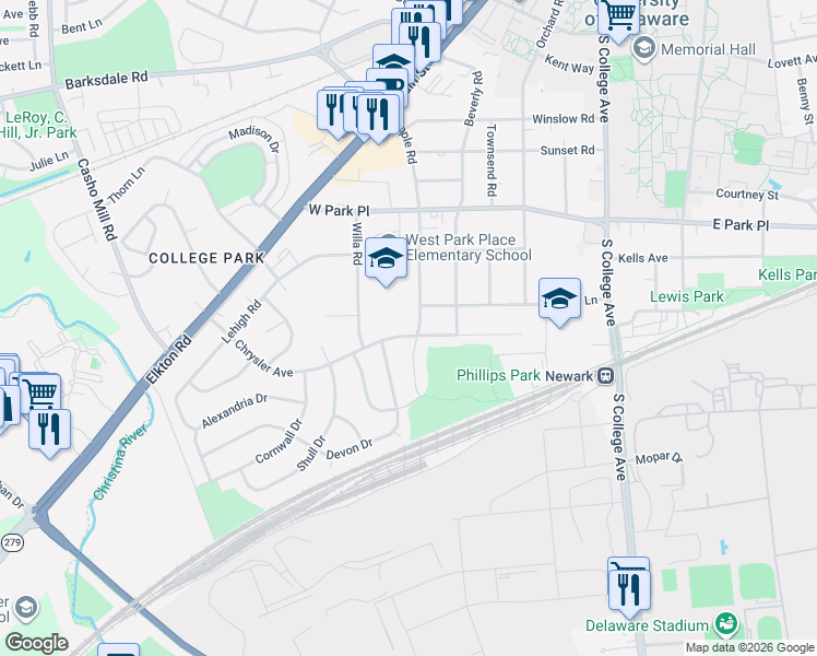 map of restaurants, bars, coffee shops, grocery stores, and more near 803 Devon Drive in Newark