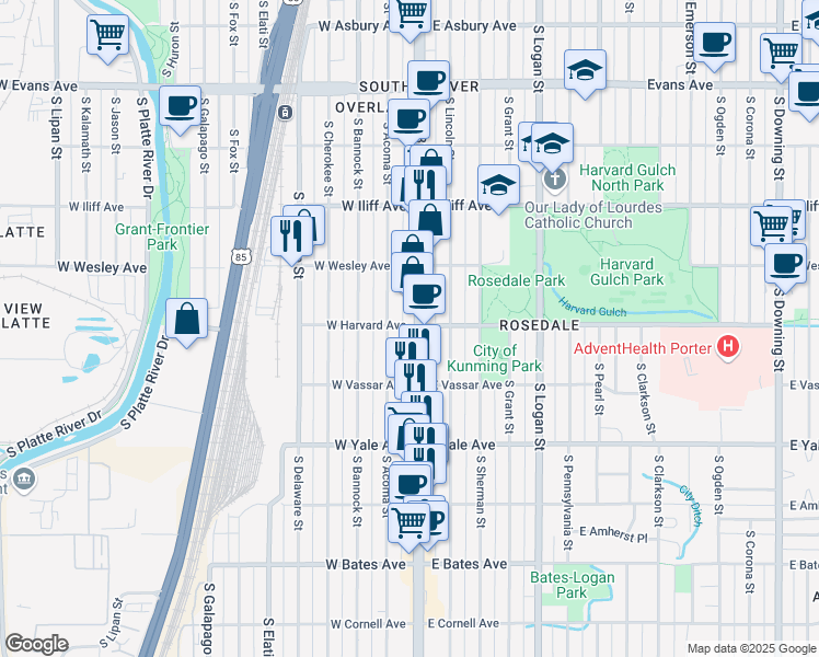 map of restaurants, bars, coffee shops, grocery stores, and more near 18 West Harvard Avenue in Denver