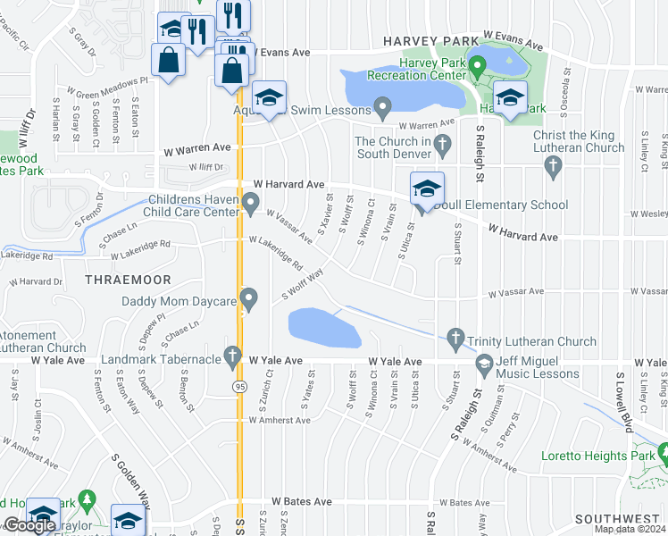 map of restaurants, bars, coffee shops, grocery stores, and more near 4760 West Vassar Avenue in Denver