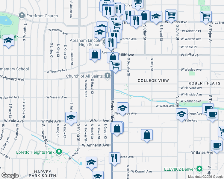 map of restaurants, bars, coffee shops, grocery stores, and more near 2595 South Federal Boulevard in Denver