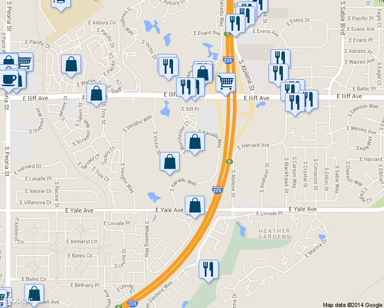 map of restaurants, bars, coffee shops, grocery stores, and more near 2635 South Xanadu Way in Aurora