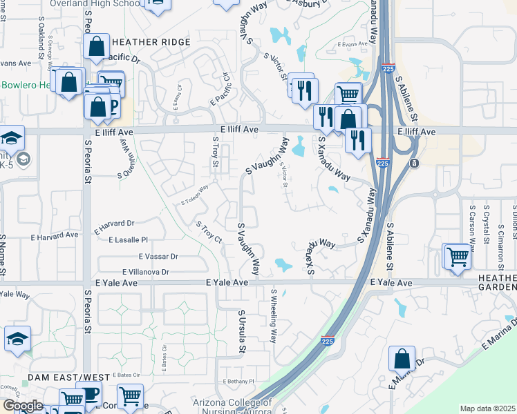 map of restaurants, bars, coffee shops, grocery stores, and more near 2568 South Vaughn Way in Aurora