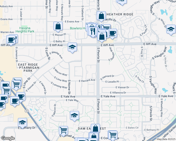 map of restaurants, bars, coffee shops, grocery stores, and more near 11905 East Harvard Avenue in Aurora