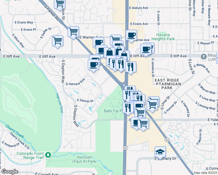 map of restaurants, bars, coffee shops, grocery stores, and more near 10200 East Harvard Avenue in Denver