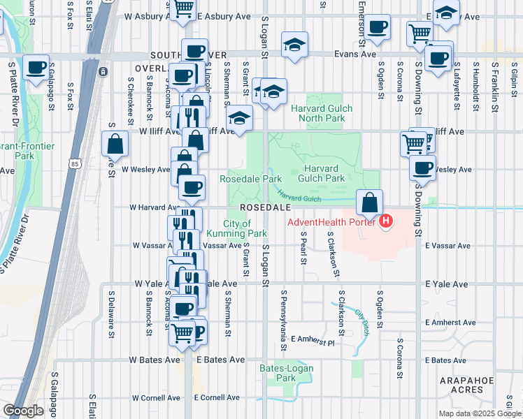 map of restaurants, bars, coffee shops, grocery stores, and more near 2537 South Logan Street in Denver