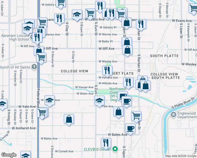 map of restaurants, bars, coffee shops, grocery stores, and more near 2334 West Hillside Avenue in Englewood