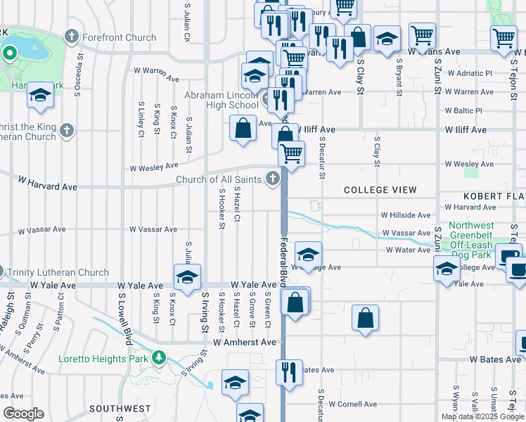 map of restaurants, bars, coffee shops, grocery stores, and more near 2616 South Grove Street in Denver
