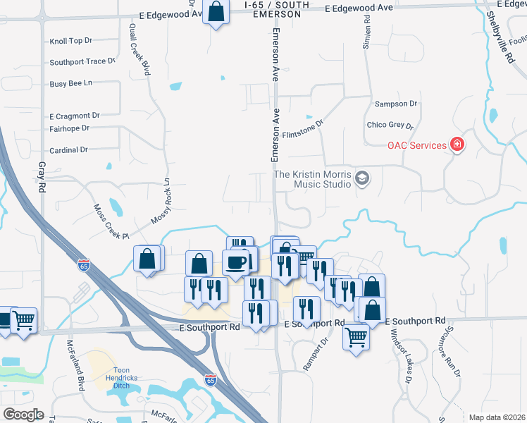 map of restaurants, bars, coffee shops, grocery stores, and more near 6702 Emerson Avenue in Indianapolis