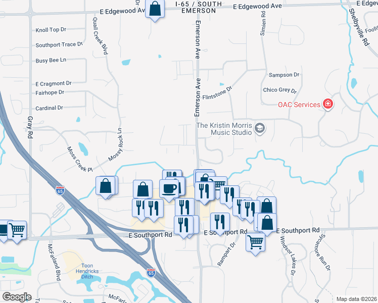 map of restaurants, bars, coffee shops, grocery stores, and more near 6702 Emerson Avenue in Indianapolis