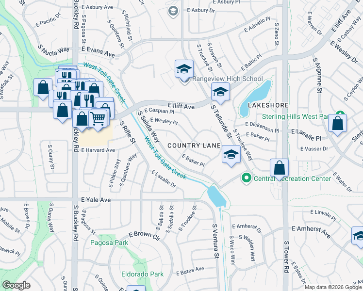 map of restaurants, bars, coffee shops, grocery stores, and more near 17567 East Baker Place in Aurora
