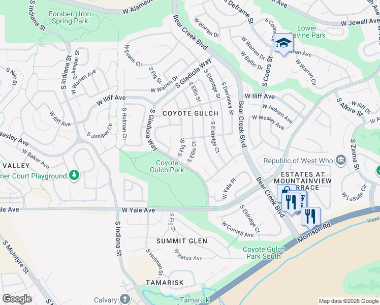 map of restaurants, bars, coffee shops, grocery stores, and more near 2431 South Fig Court in Lakewood
