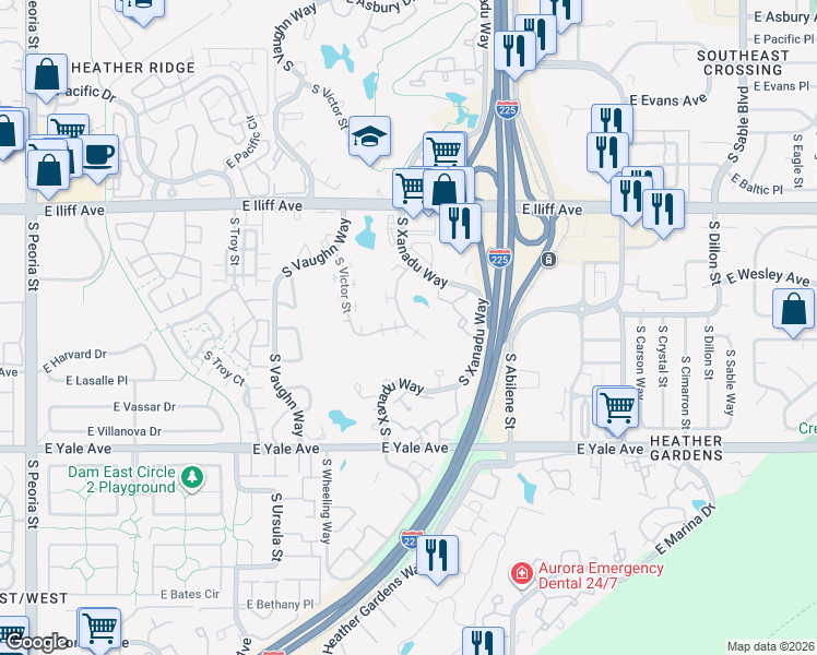 map of restaurants, bars, coffee shops, grocery stores, and more near 2511 Worchester Court in Aurora