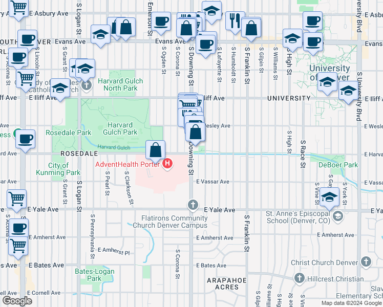 map of restaurants, bars, coffee shops, grocery stores, and more near S Downing St & E Harvard Ave in Denver