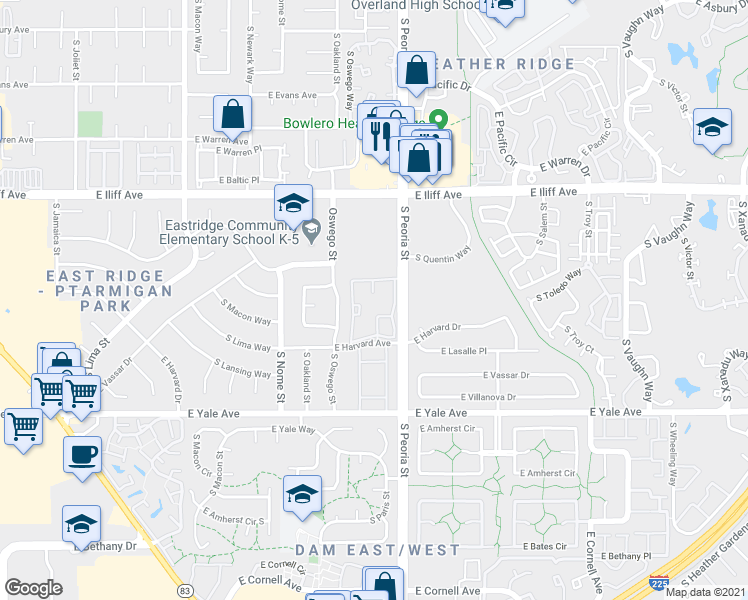 map of restaurants, bars, coffee shops, grocery stores, and more near 12017 East Harvard Avenue in Aurora