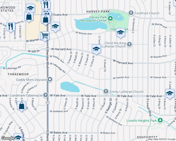 map of restaurants, bars, coffee shops, grocery stores, and more near 2561 South Vrain Street in Denver