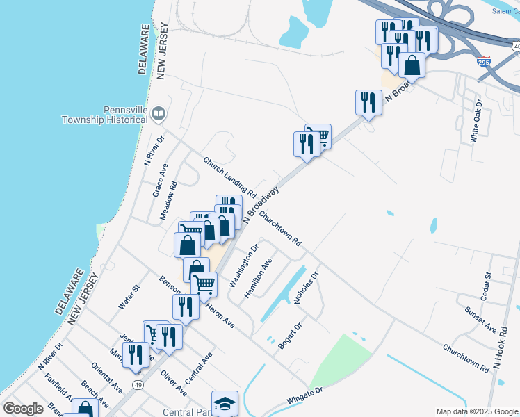 map of restaurants, bars, coffee shops, grocery stores, and more near in Pennsville Township