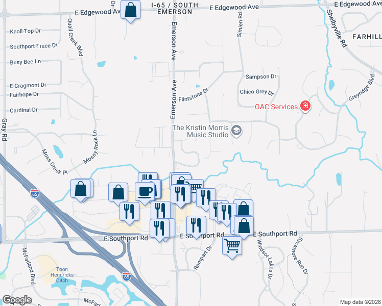 map of restaurants, bars, coffee shops, grocery stores, and more near 6535 South Waybridge Court in Indianapolis