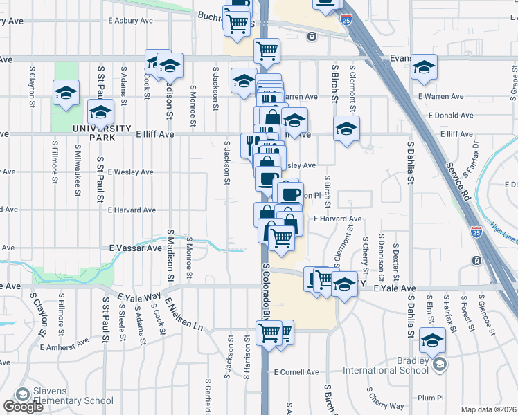 map of restaurants, bars, coffee shops, grocery stores, and more near 2499 South Colorado Boulevard in Denver