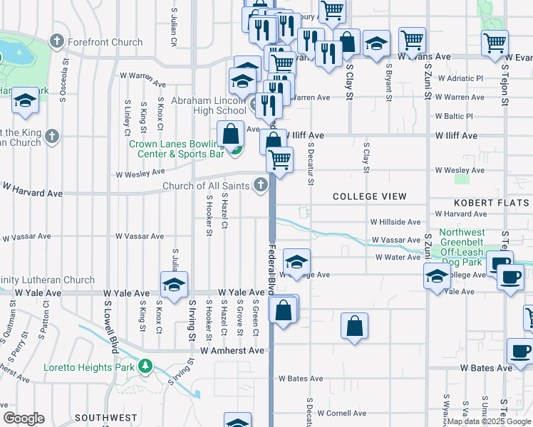 map of restaurants, bars, coffee shops, grocery stores, and more near 2595 South Federal Boulevard in Denver