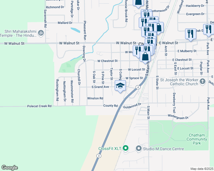 map of restaurants, bars, coffee shops, grocery stores, and more near 352 South Pine Street in Chatham
