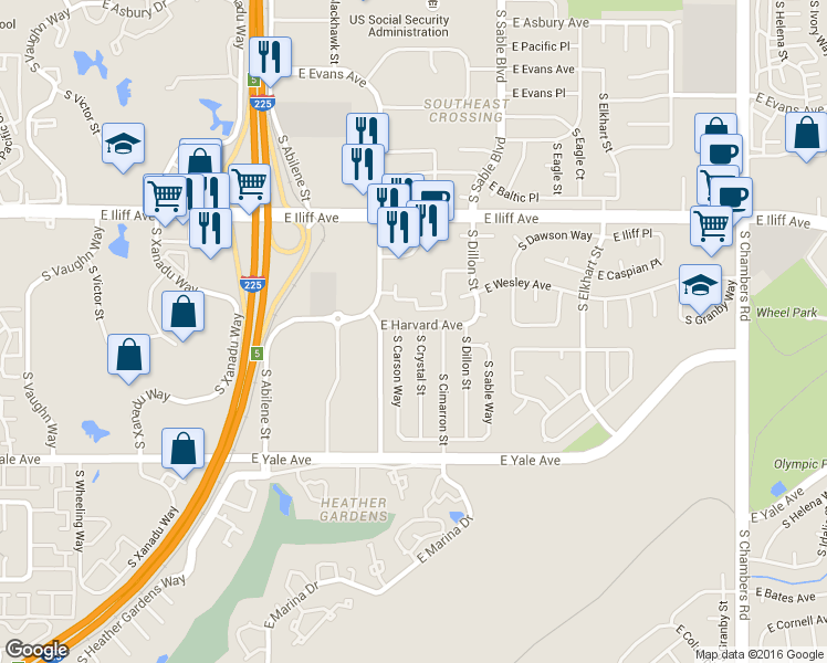 map of restaurants, bars, coffee shops, grocery stores, and more near 14203 East Harvard Avenue in Aurora