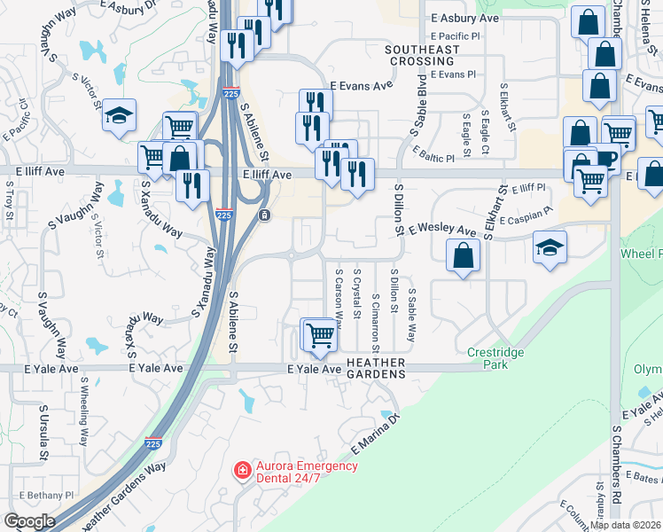 map of restaurants, bars, coffee shops, grocery stores, and more near 14203 East Harvard Avenue in Aurora