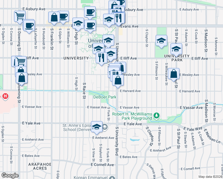 map of restaurants, bars, coffee shops, grocery stores, and more near 2455 South University Boulevard in Denver