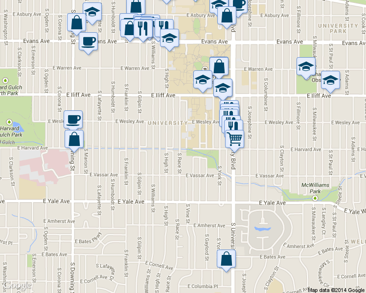 map of restaurants, bars, coffee shops, grocery stores, and more near 2453 South Race Street in Denver