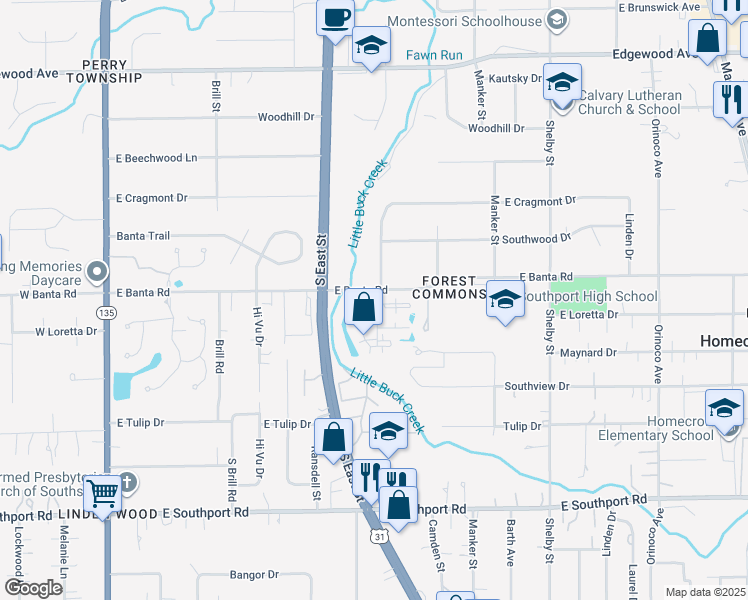 map of restaurants, bars, coffee shops, grocery stores, and more near 6451 Buck Creek Parkway in Indianapolis