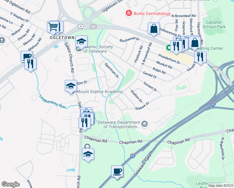 map of restaurants, bars, coffee shops, grocery stores, and more near 628 South Brownleaf Road in Newark